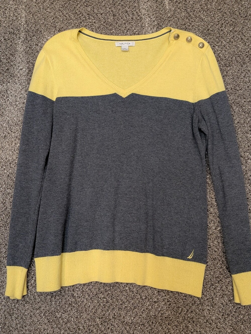 Nautica Yellow and Gray V-Neck Button Shoulder Pullover